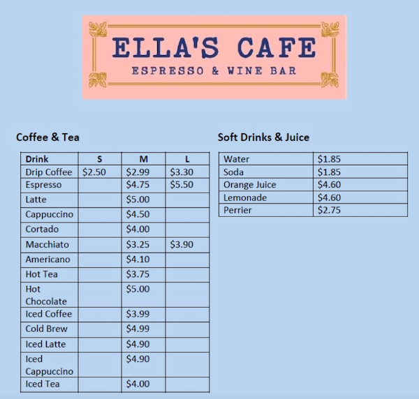 Ella's Cafe Espresso & Wine Bar menu 1
