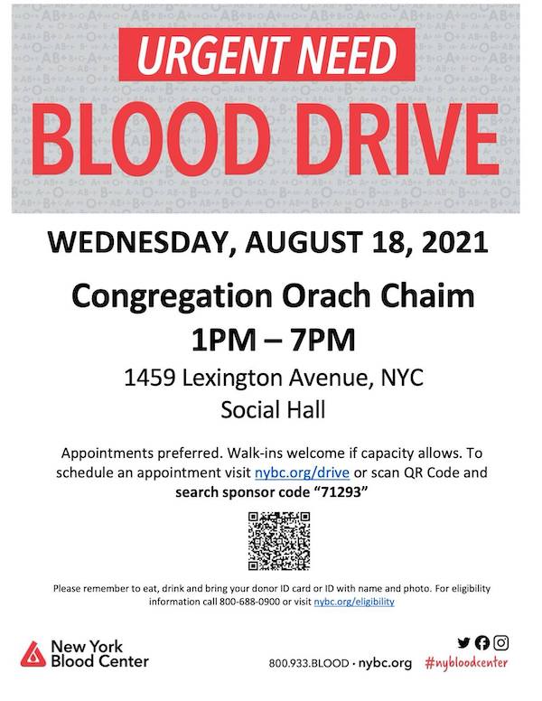 blood drive congregation orach chaim