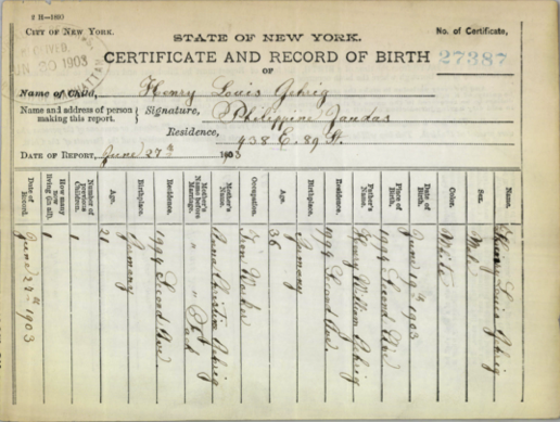 Gehrig Birth Certificate