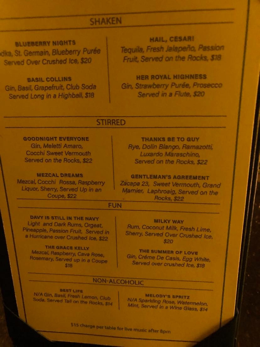 Melody's Piano Bar menu