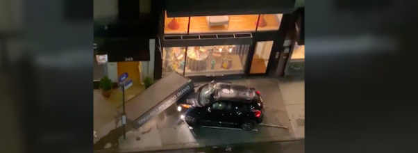 Reckless Driver Skids Onto Sidewalk, Knocks Over Store Signage
